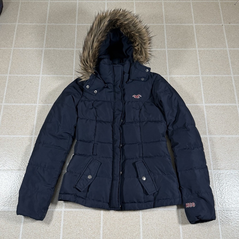 Vtg Hollister Women's Navy Blue Puffer Jacket Faux Fur Hood XS Y2K